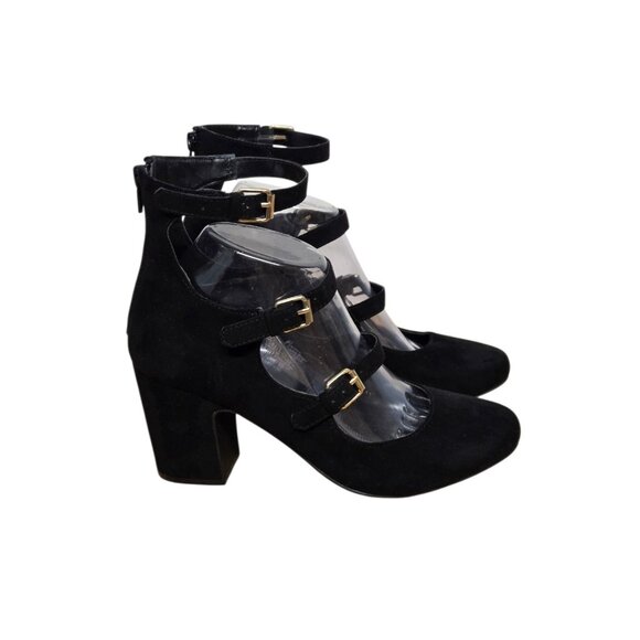 Womens 8.5 Black Faux Suede 3 Strap Mary Jane Pump Heels Round Toe Preppy - Picture 5 of 9